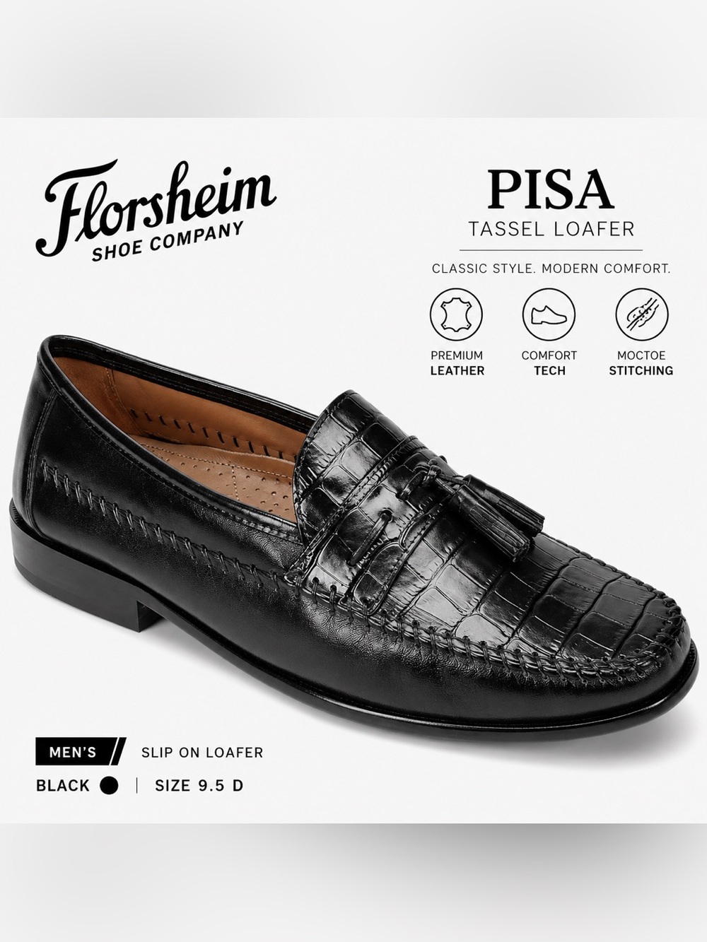 Florsheim Pisa Tassel Loafers Black Croc Leather Mens 9.5 D Slip On Moc Toe
